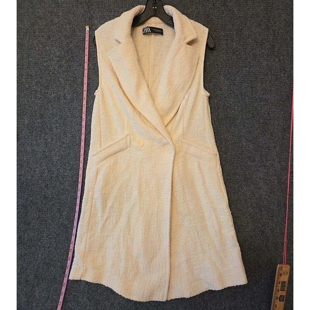 Zara Vest Womens XS White Tweed Long Sleeveless Button Lined Trench Pockets
